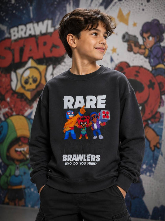 Boy wearing dark grey Brawl Stars Rare Brawlers graphic sweatshirt