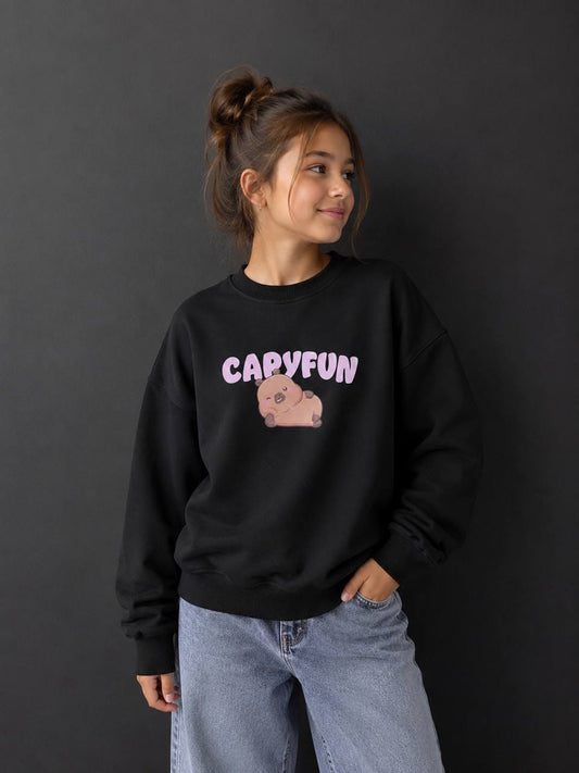 Girl wearing black Capyfun graphic sweatshirt