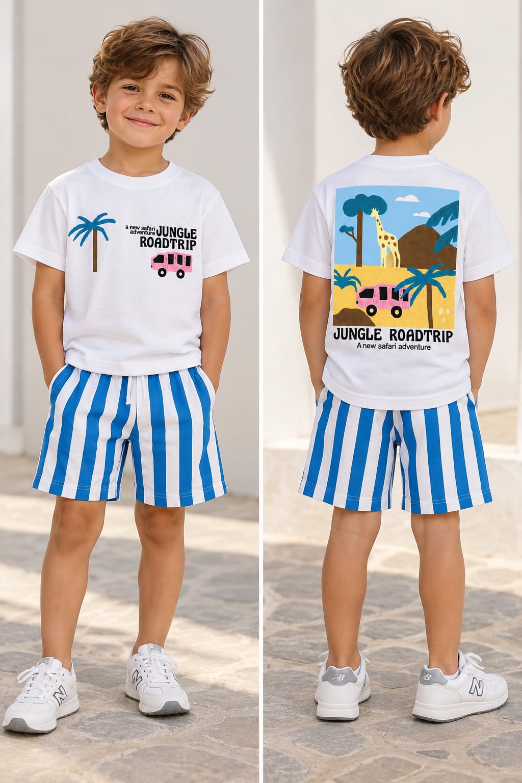 Boy wearing a white Jungle Roadtrip safari t-shirt and blue striped shorts, front and back