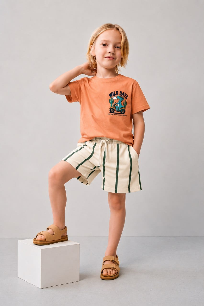 Boy wearing an orange Wild Days dino t-shirt and cream green-striped shorts