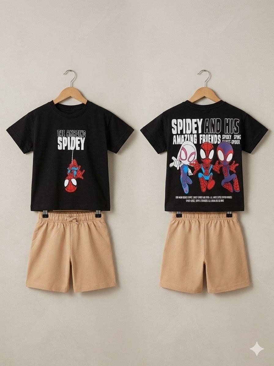 Black Spidey graphic t-shirt front and back with beige drawstring shorts