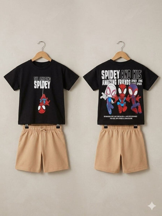 Black Spidey graphic t-shirt front and back with beige drawstring shorts