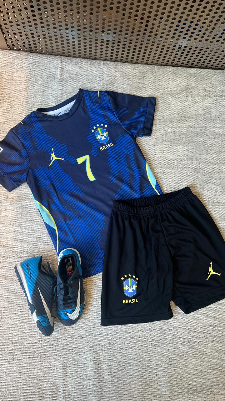 Brazil Navy #7 Football Jersey & Shorts Set