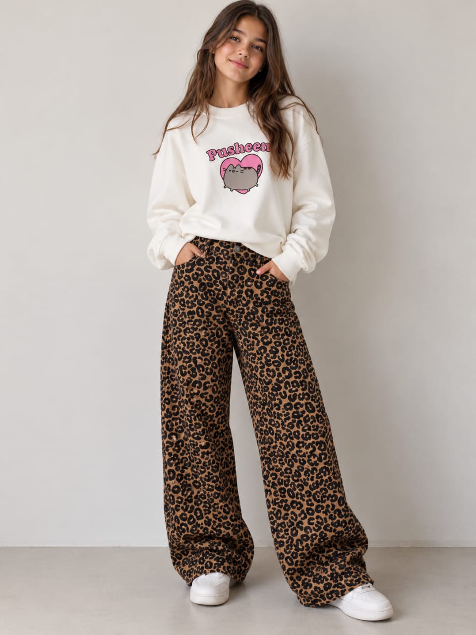 Girl wearing leopard-print wide-leg jeans