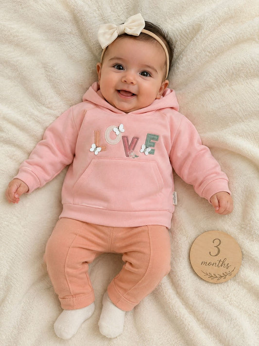 Baby wearing a pink Love hoodie with peach pants and a bow headband