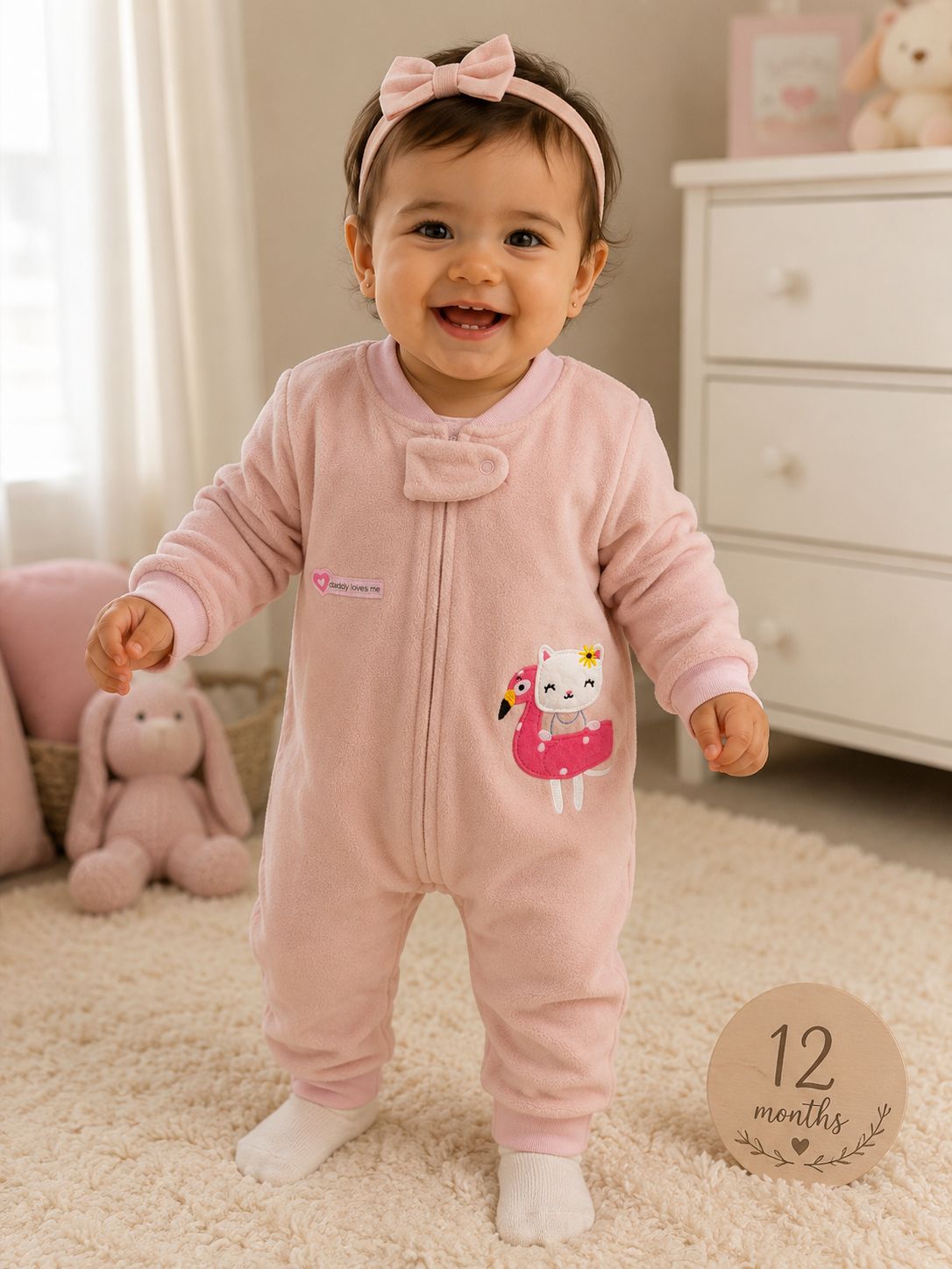 Baby wearing a blush pink zip-up sleepsuit with a bunny pocket graphic