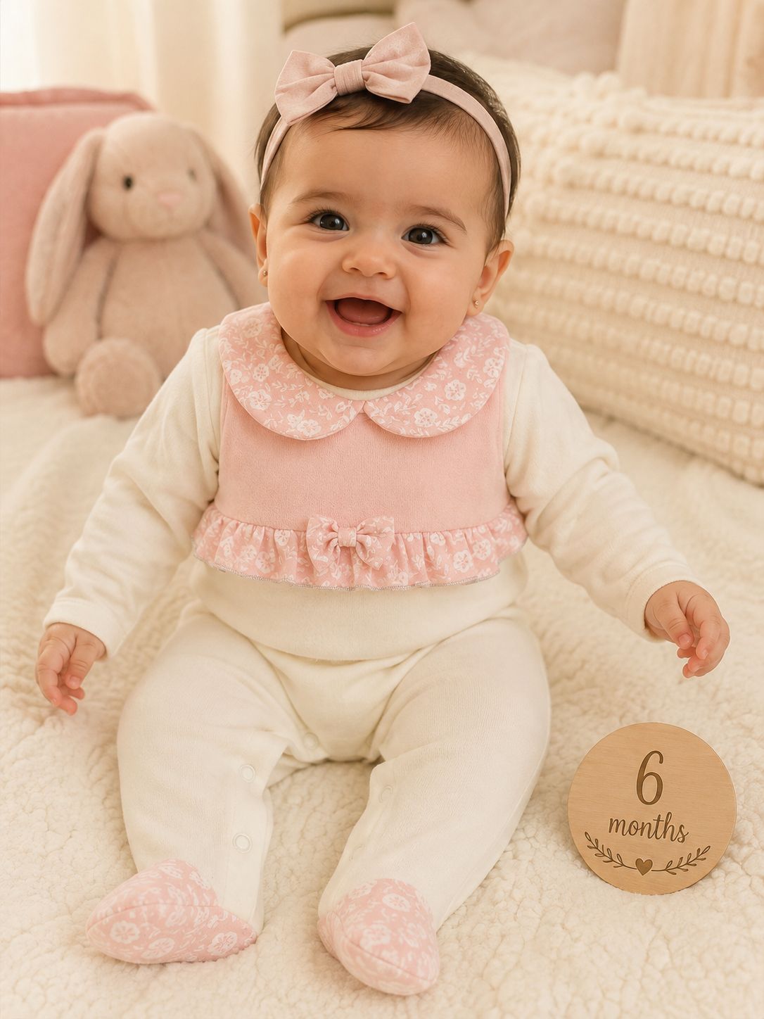 Baby wearing a cream outfit with a pink ruffle bib, floral collar, and matching headband