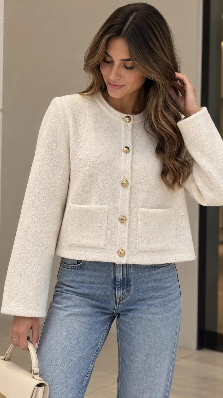 Woman wearing an ivory tweed cropped jacket with gold buttons and light blue jeans