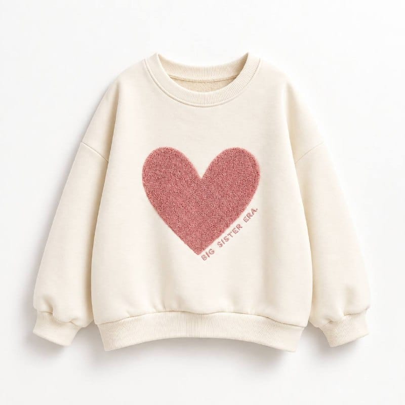 Cream kids sweatshirt with a large textured pink heart on the front