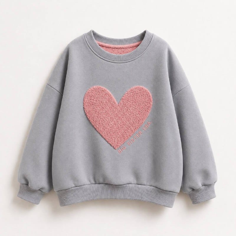 Gray kids sweatshirt with pink textured heart and Big Sister Era lettering