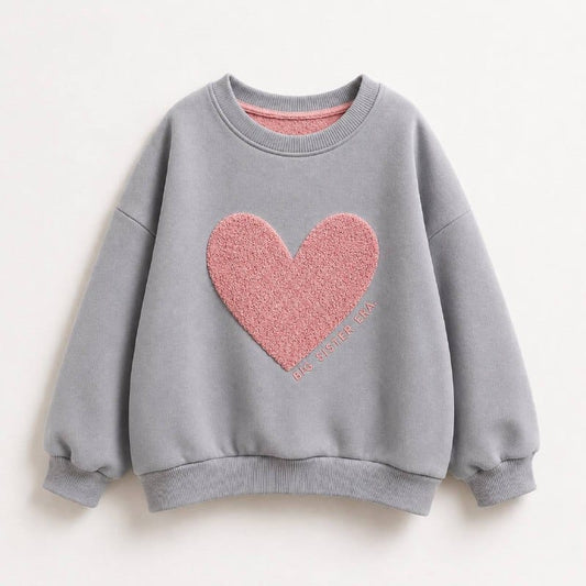 Gray kids sweatshirt with pink textured heart and Big Sister Era lettering