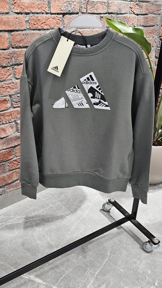 Gray kids Adidas crewneck sweatshirt with white and black graphic