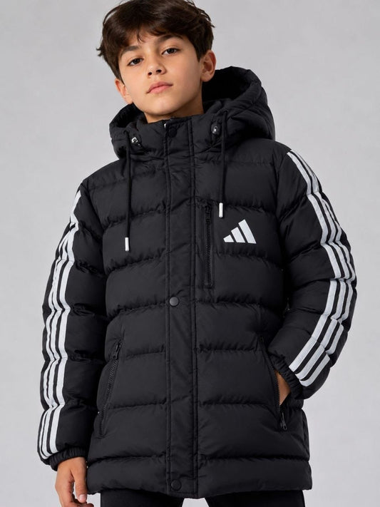 Child wearing black Adidas hooded puffer jacket with white sleeve stripes