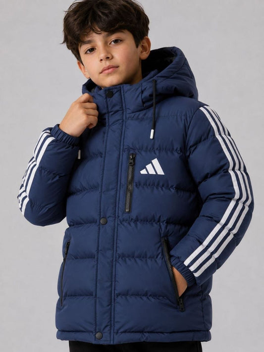 Child wearing navy Adidas hooded puffer jacket with white sleeve stripes