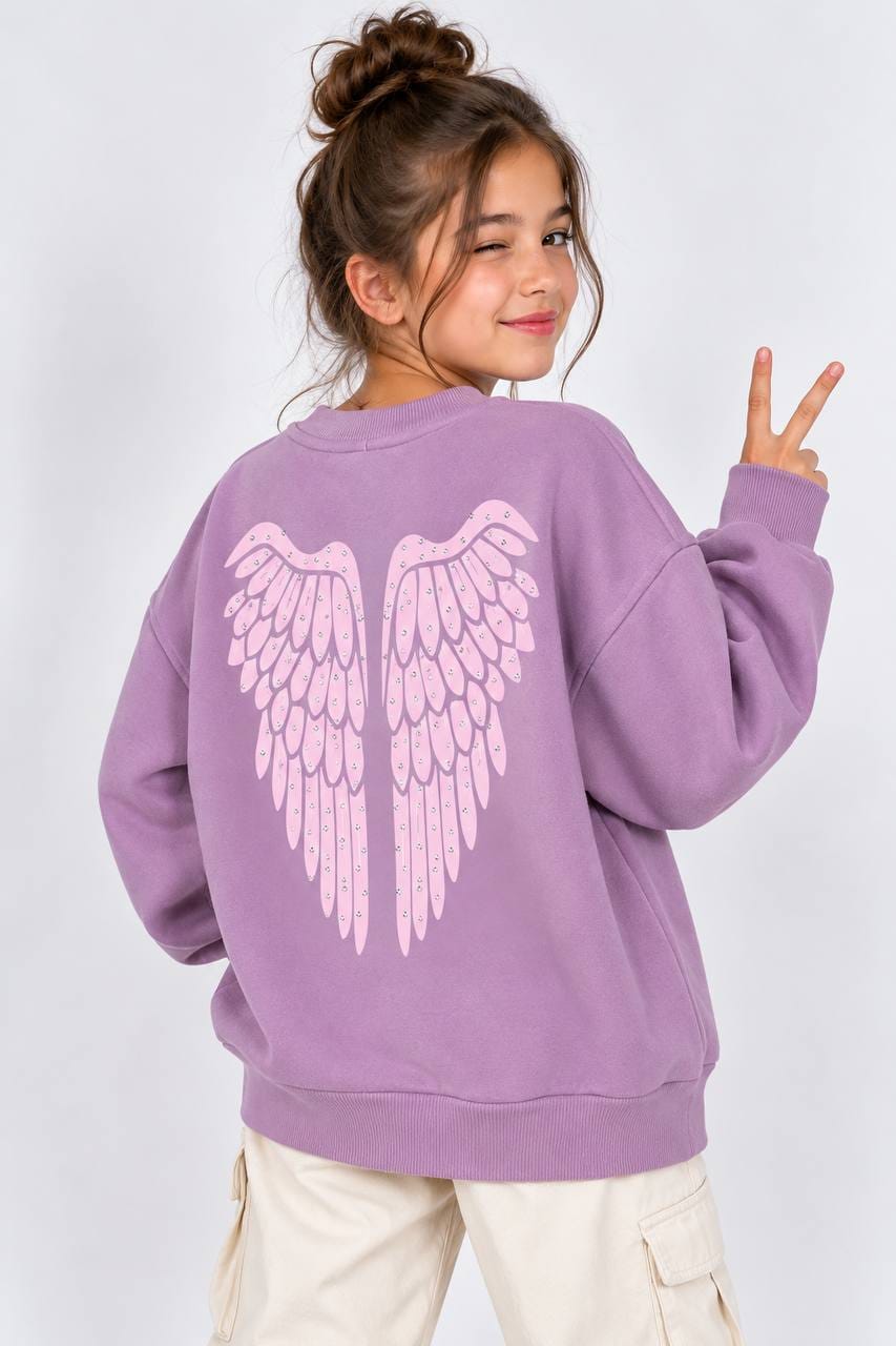Girl wearing lilac sweatshirt showing pale pink wing design on the back