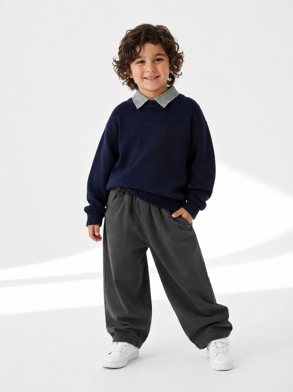 Boys' outfit with a navy sweater, contrasting patterned collar and relaxed grey pants