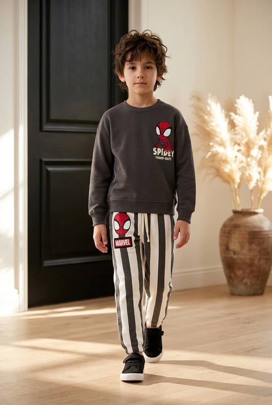 Boys' charcoal Spidey sweatshirt and grey-and-white striped pants two-piece set