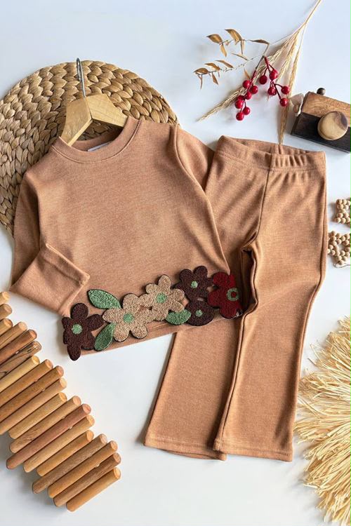 Girls' Caramel Floral Appliqué 2-Piece Set