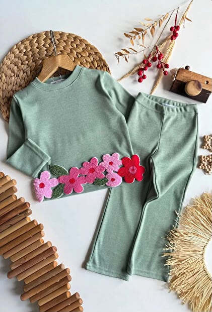 Girls' Sage Green Floral Appliqué 2-Piece Set