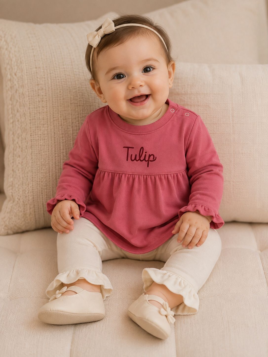 Baby wearing a rose Tulip top and cream pants with ruffled hems