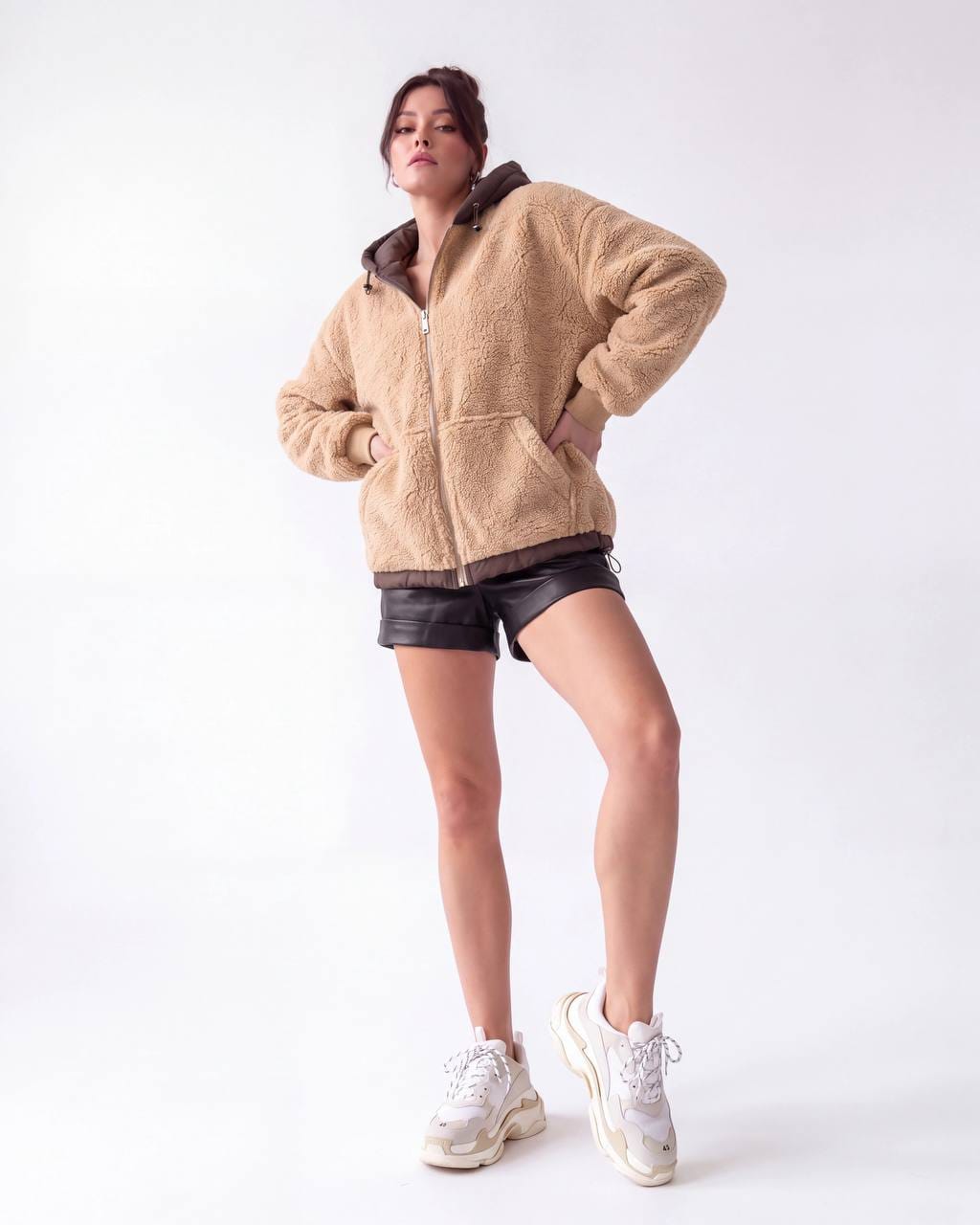 Women’s Beige Hooded Teddy Jacket