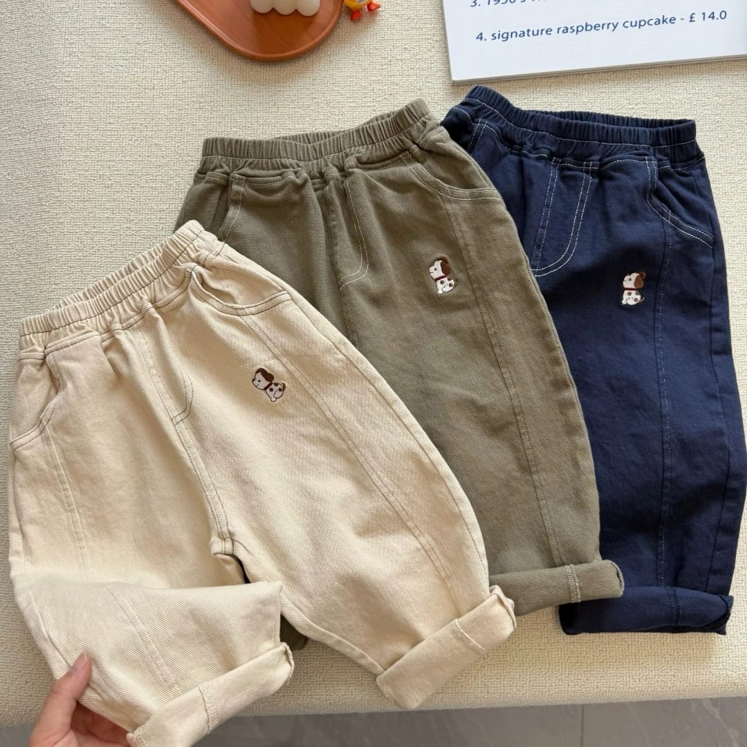 Original photo showing olive-green, beige and navy children's pants