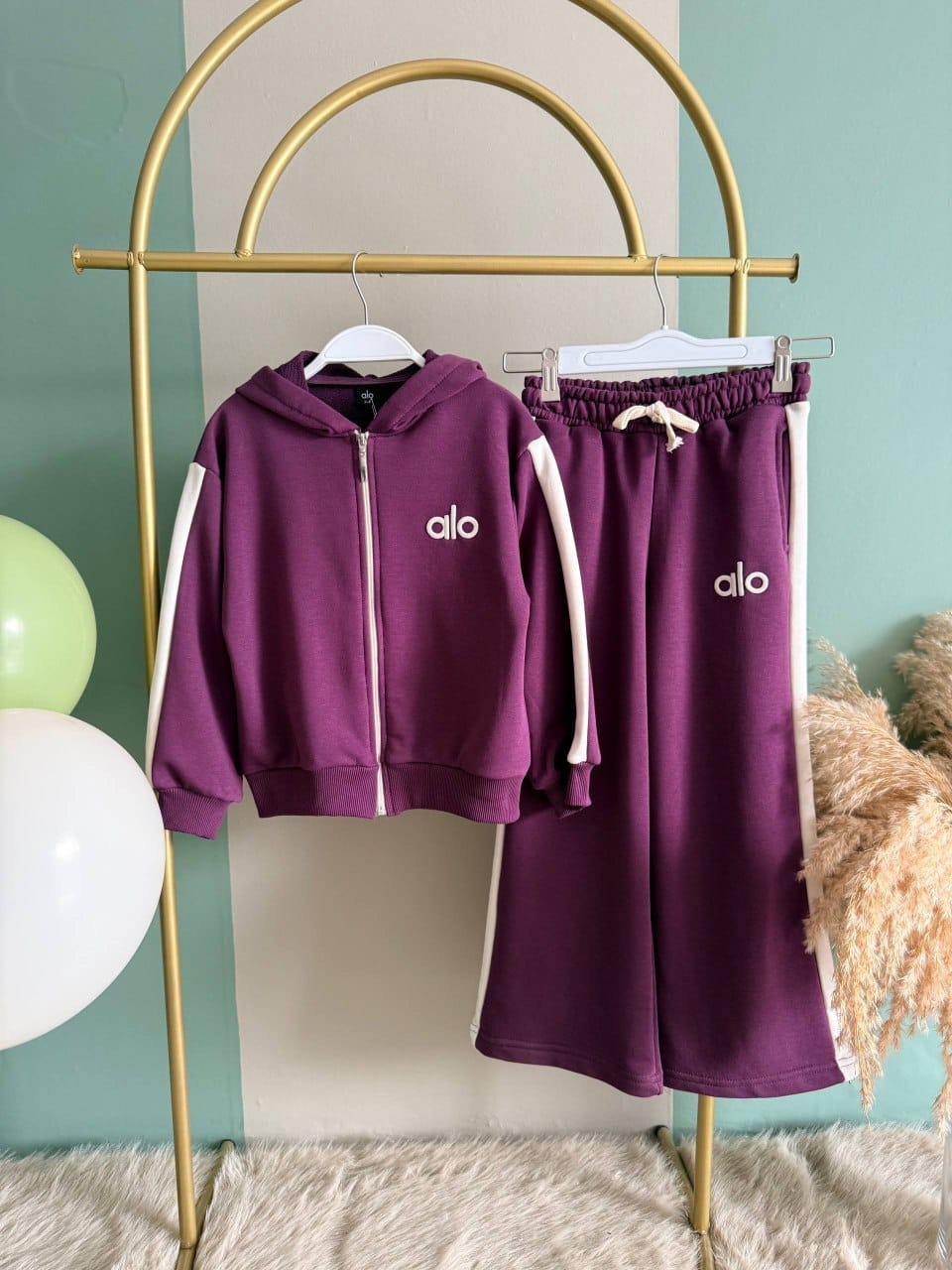 Purple non-fleeced 3-thread cotton hooded jacket and wide-leg trousers set with white stripes