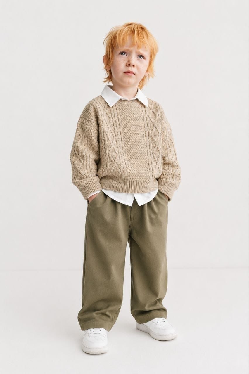 Boy wearing beige cable-knit sweater, white collared shirt and olive trousers