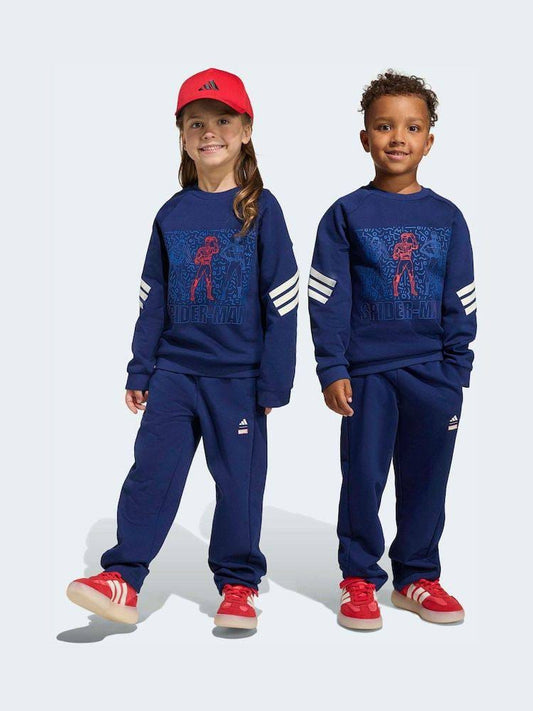 Kids wearing navy graphic sweatshirt and jogger sets with white sleeve stripes