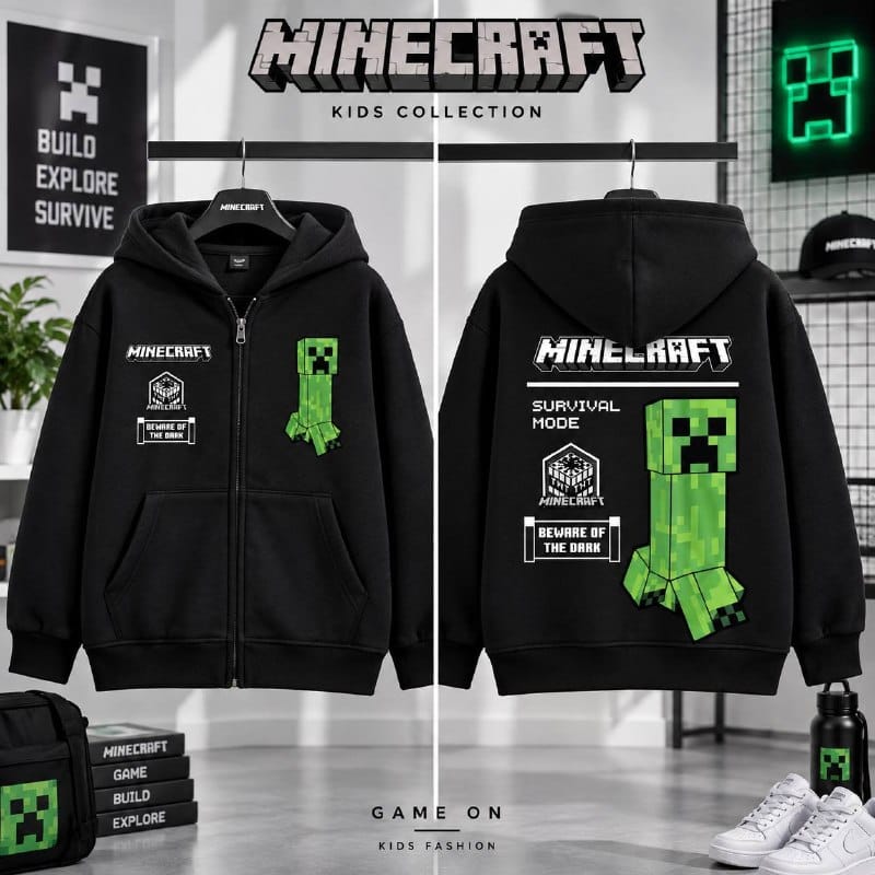 Front and back views of black Minecraft Creeper zip-up hoodie