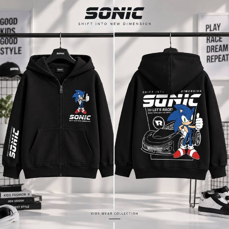 Front and back views of black kids’ Sonic graphic zip-up hoodie