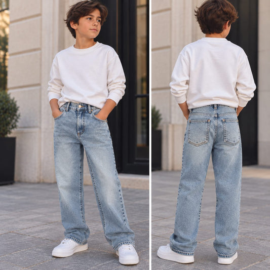 Front and back views of boys’ light-blue wide-leg jeans