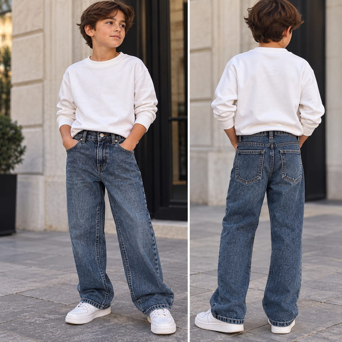 Front and back views of boys’ blue wide-leg jeans