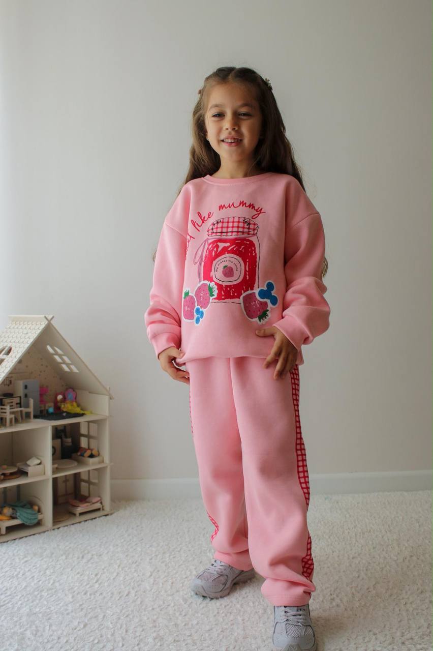 Girls’ pink strawberry jam sweatshirt and jogger set with checkered side panels