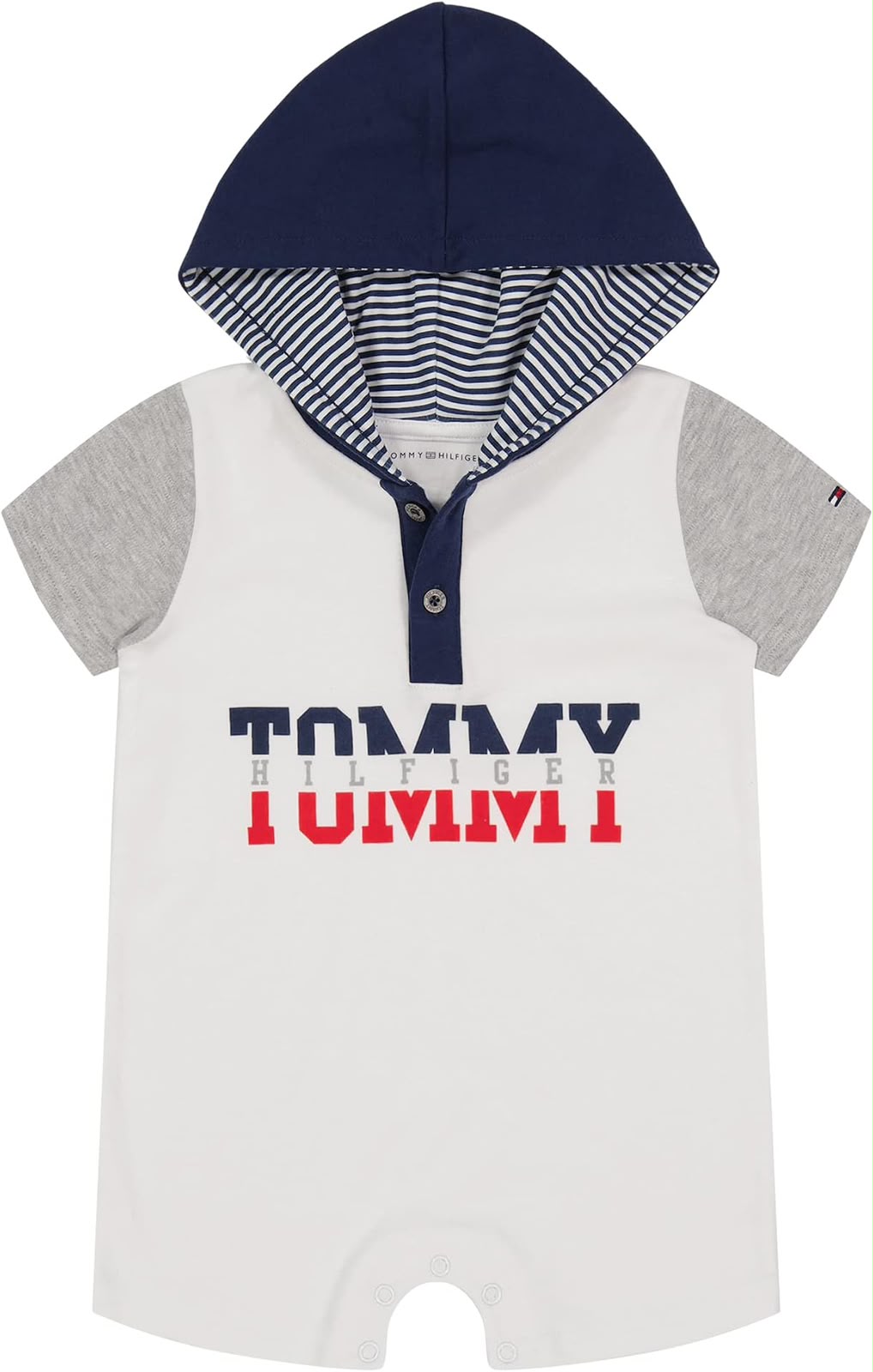 White baby romper with grey sleeves, navy hood, striped hood lining and chest lettering