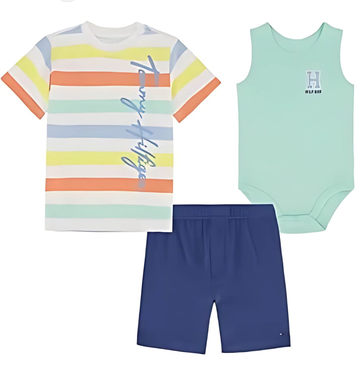 Three-piece baby set with pastel striped T-shirt, mint bodysuit and navy shorts