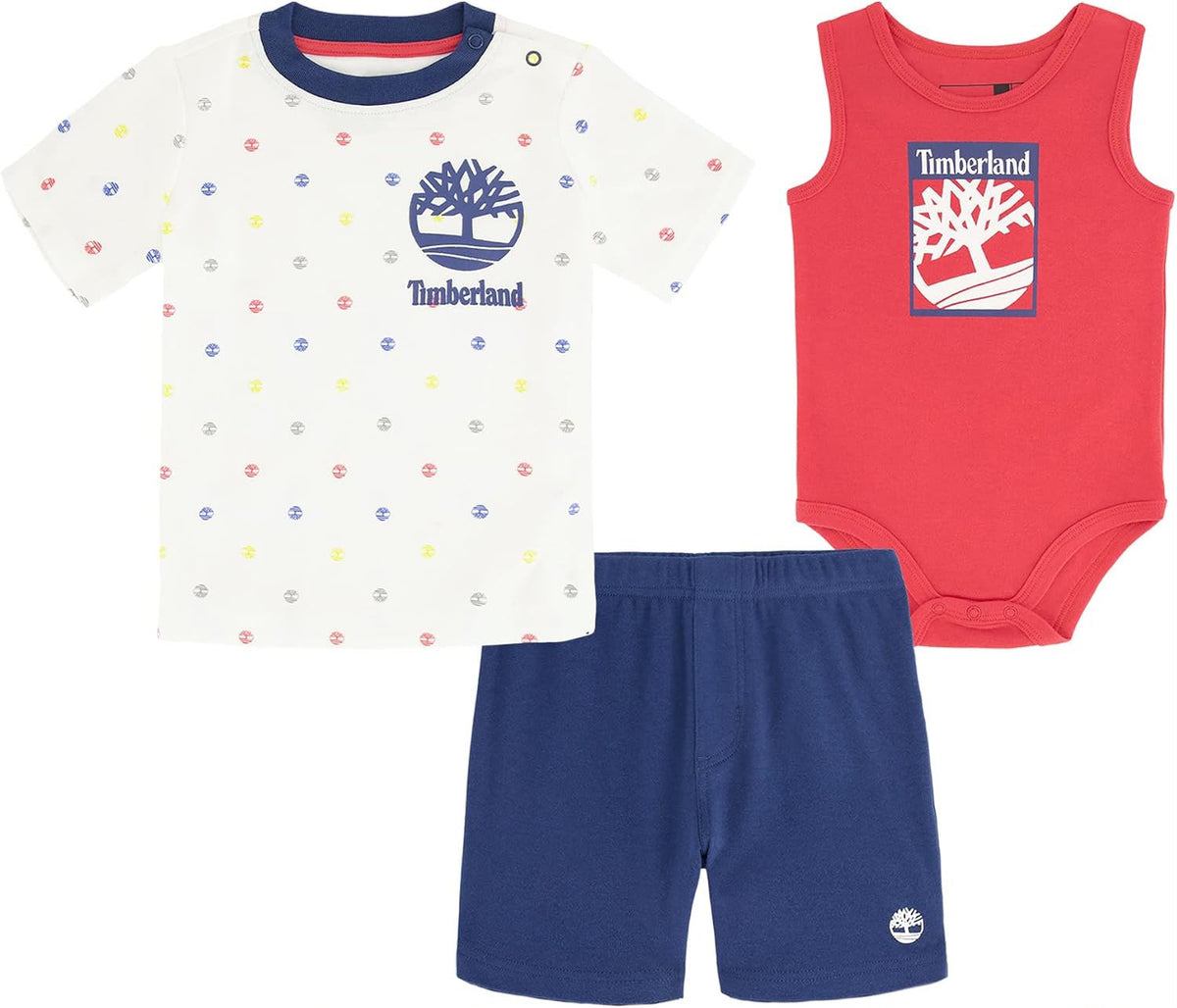 Timberland baby set with white printed T-shirt, red bodysuit and navy shorts