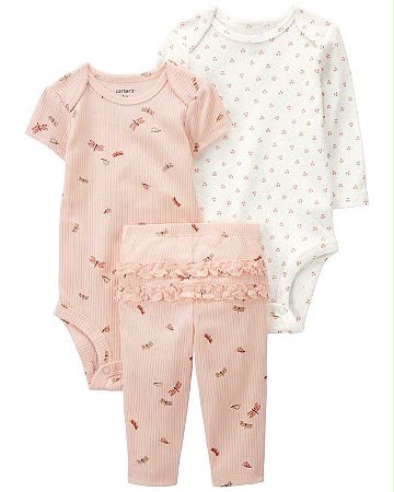 Pink short-sleeve bodysuit, white long-sleeve bodysuit and matching pink ruffle-detail pants