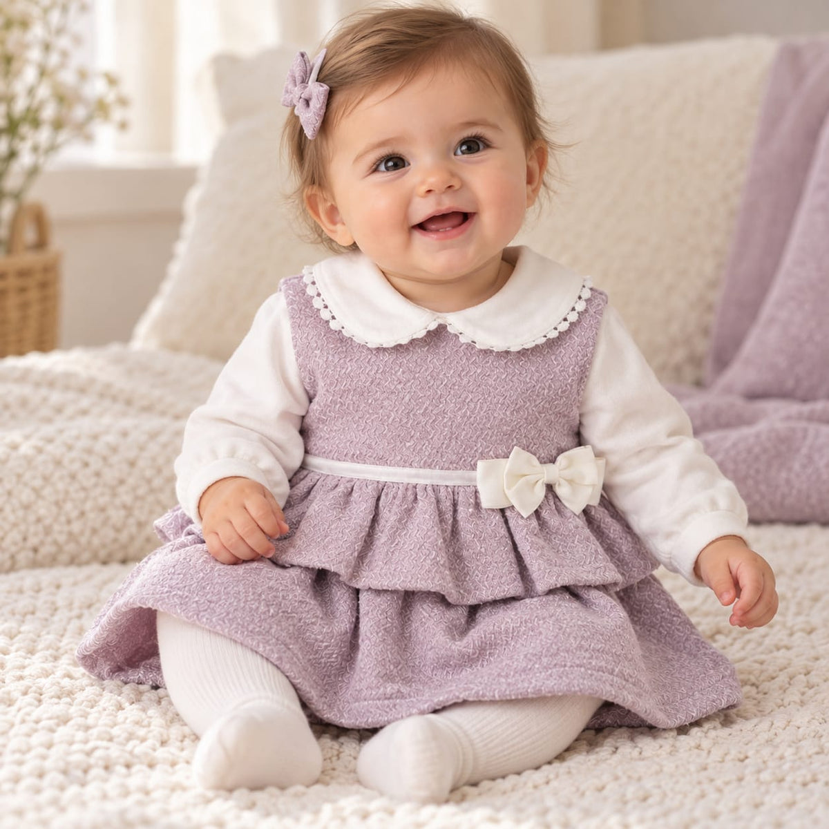 Baby Girls’ Lilac Ruffle & White Bow Dress