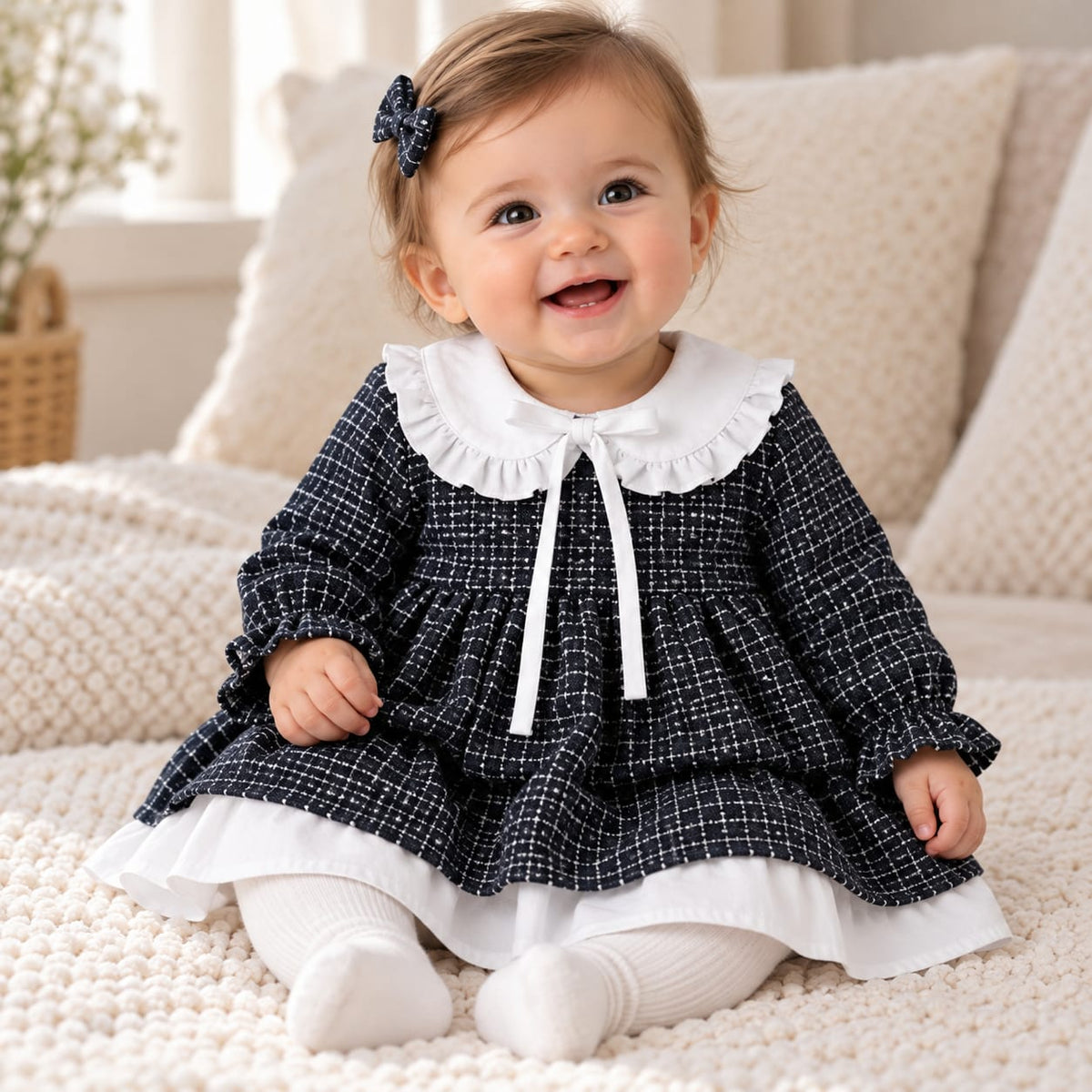 Baby Girls’ Navy & White Ruffle-Collar Dress
