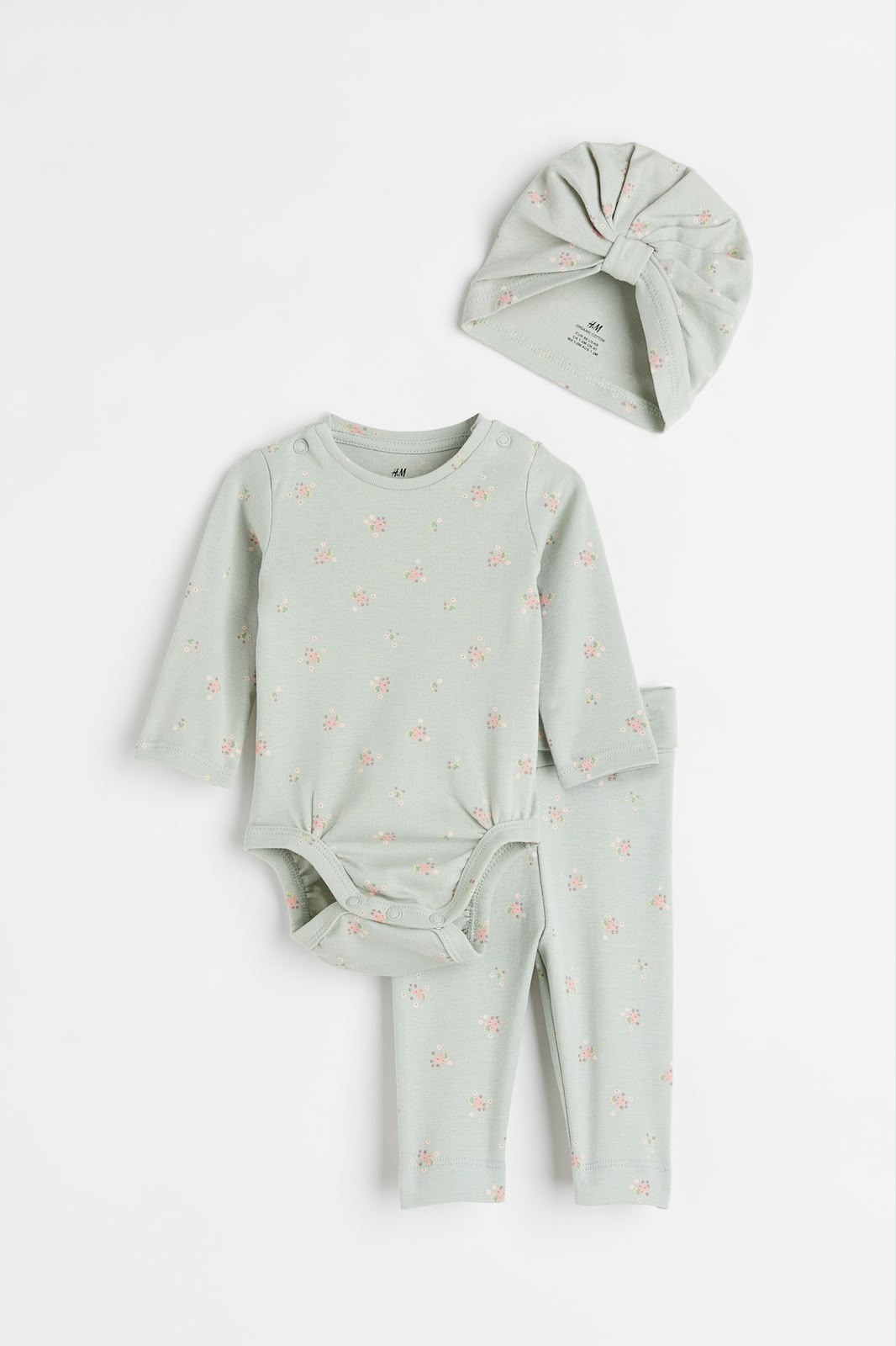 Pale mint floral baby bodysuit, matching pants and knot-front turban hat