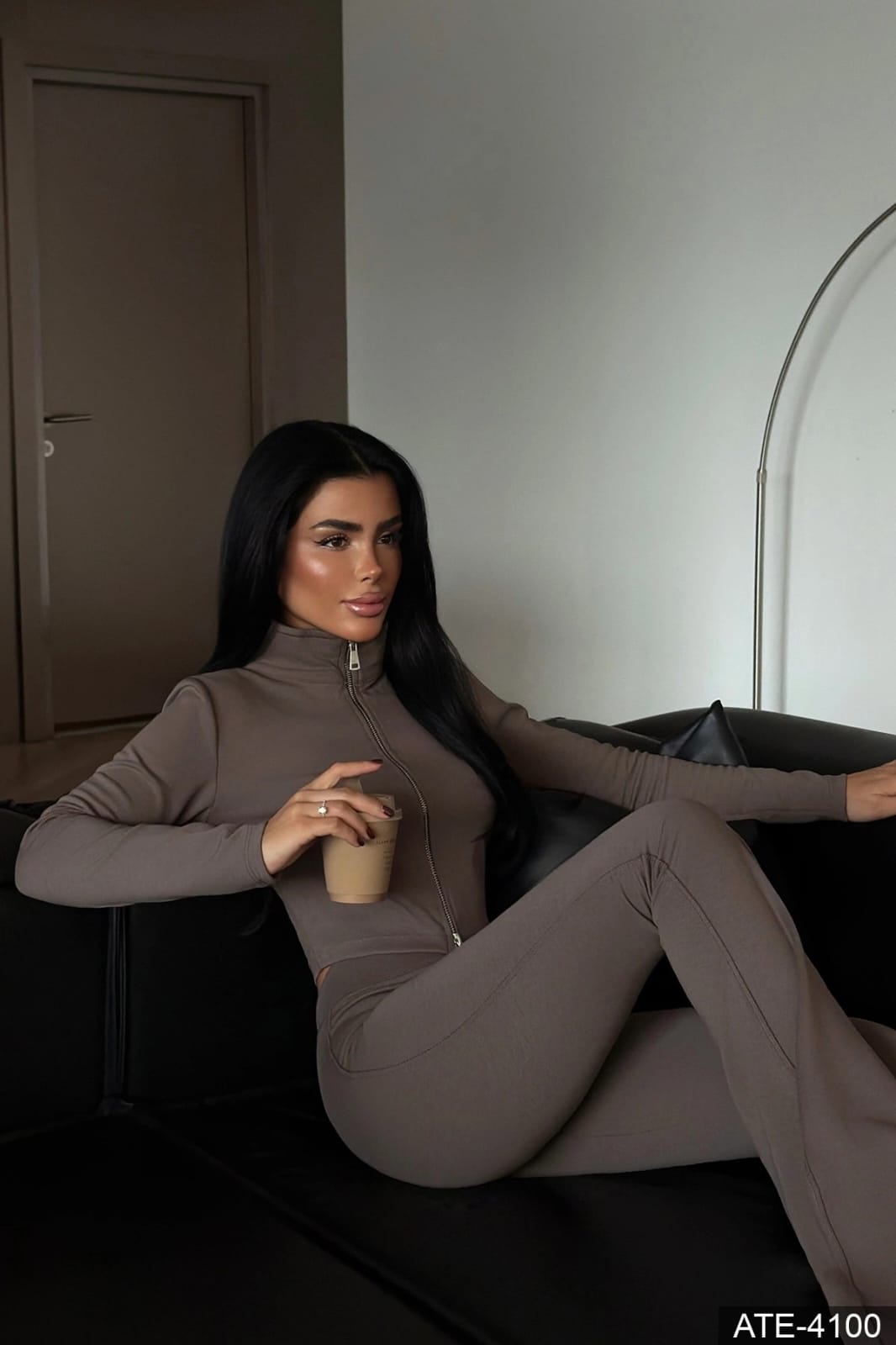 Taupe Zip-Up Top & Matching Trousers Set