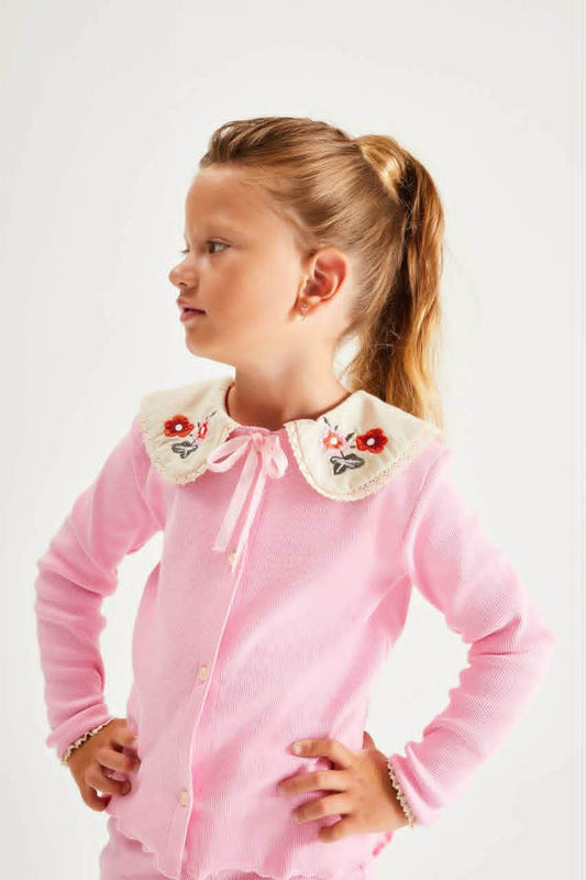 Dusty Pink Floral Embroidered Collar & Flared Legging Set
