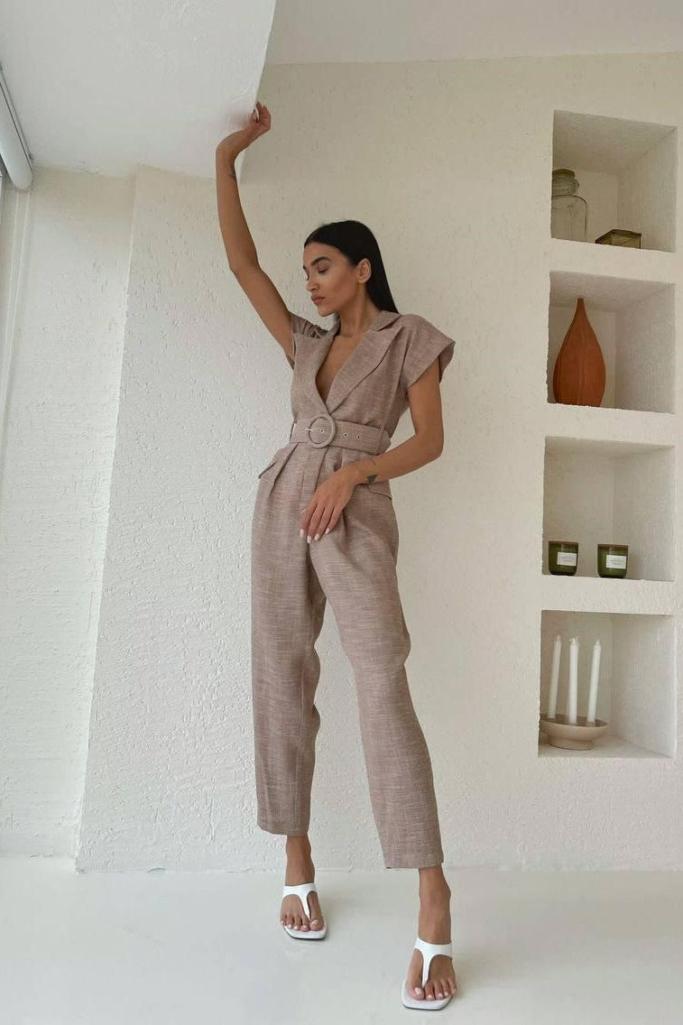 Belted Checked Jumpsuit- Beige image 0