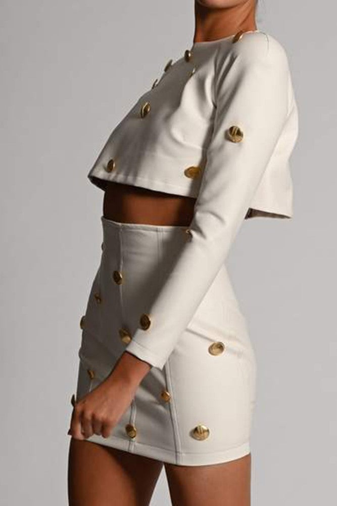 Vegan Leather Long Sleeve Crop Top and Skirt with Gold Button image 2