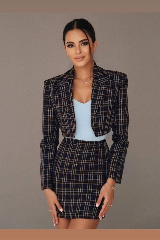 Grid Print Lapel Neck Blazer & Skirt image 0
