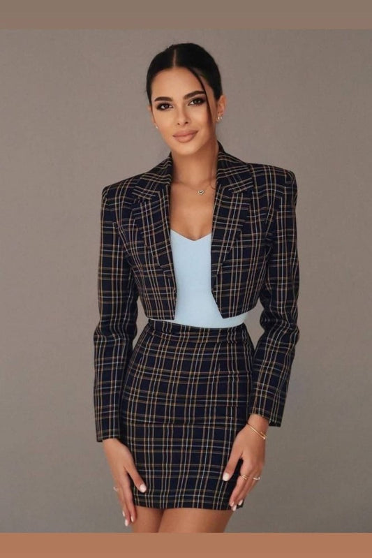 Grid Print Lapel Neck Blazer & Skirt image 0