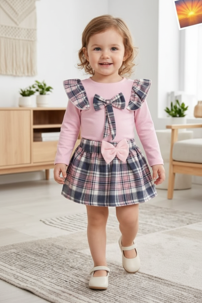 Autumn Plaid Ruffle Overall Skirt and Ribbed Long Sleeve Set