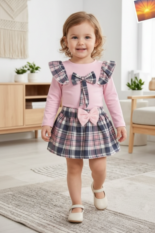 Autumn Plaid Ruffle Overall Skirt and Ribbed Long Sleeve Set