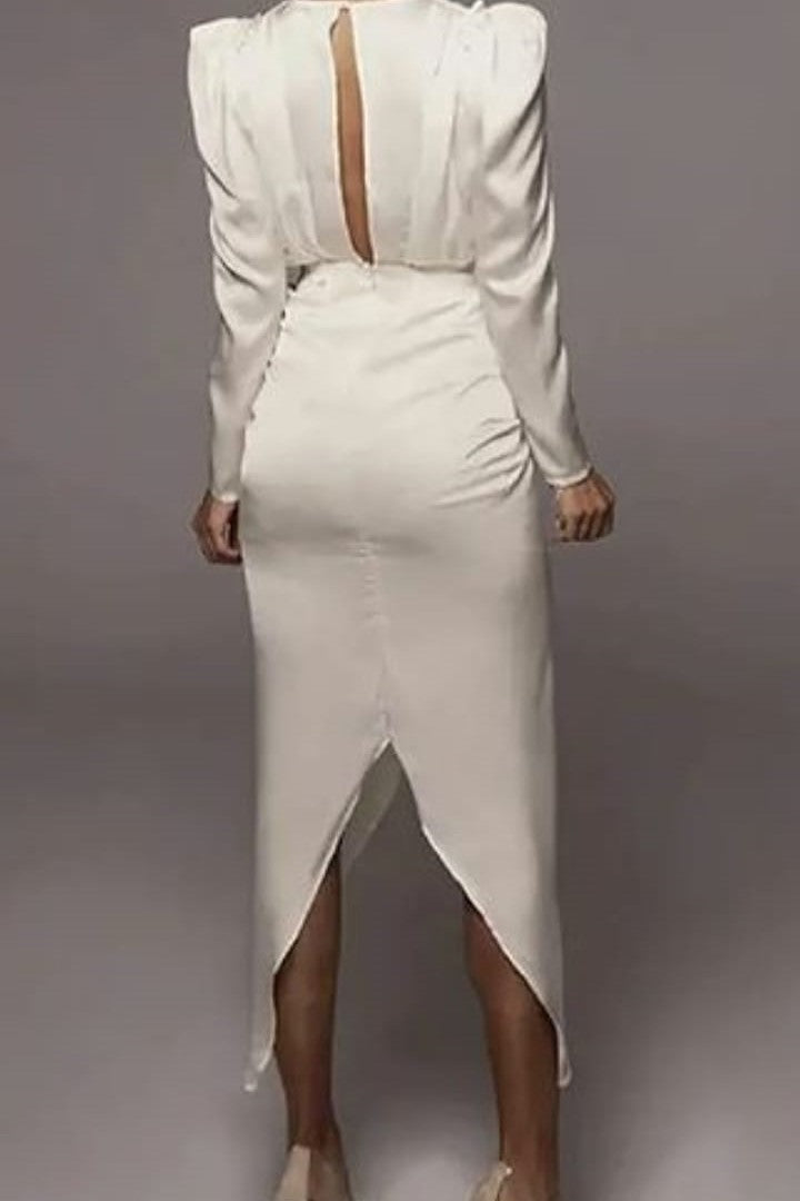 V Neck Ruched Puff Sleeve Split Hem Satin Dress image 1